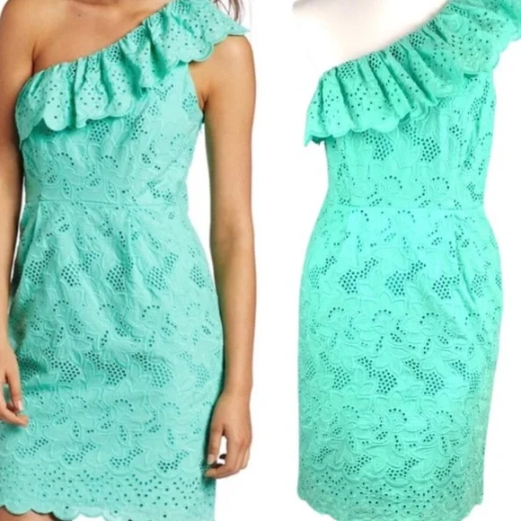 Eliza J | Dresses | Eliza J Teal One Shoulder Ruffled Eyeletsheath Midi  Dress With Pockets Size 6 | Poshmark